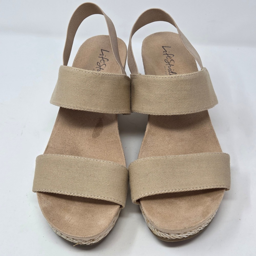 LifeStride Delta Tan Fabric Woven Wedge Slingback Sandals Womens 9.5M